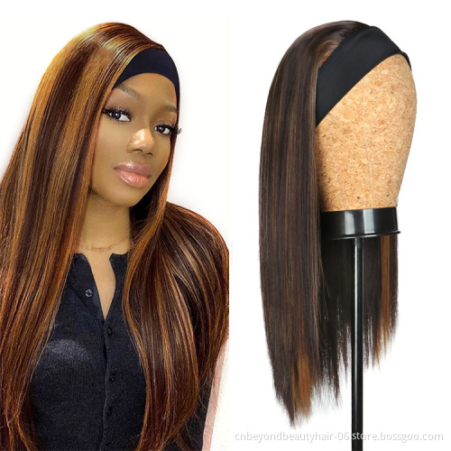 Synthetic Hair Brown Straight Synthetic Hair Silky Straight Hair Highlight Headband Wig for African American Women